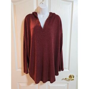Justify‎ Burgundy Ribbed V Neck Hooded Tunic Top Plus Size 1X /0235